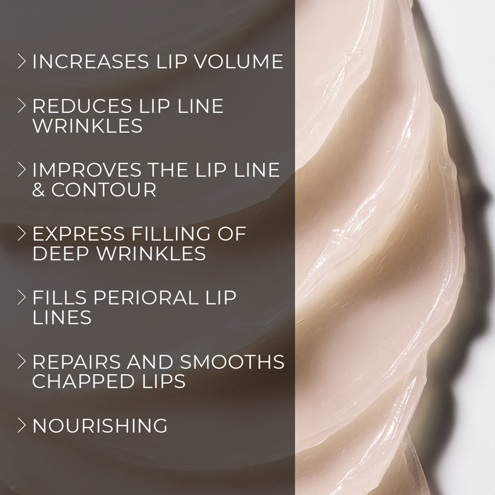 image mood of lip balm texture with benefits bullet points such as increases lip volume, reduces lip line wrinkles, improves the lip line and contour, express filling of deep wrinkles, fills perioral lip lines, repairs and smooths chapped lips, nourishing