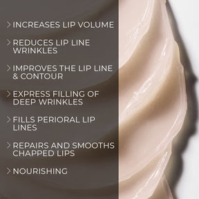 image mood of lip balm texture with benefits bullet points such as increases lip volume, reduces lip line wrinkles, improves the lip line and contour, express filling of deep wrinkles, fills perioral lip lines, repairs and smooths chapped lips, nourishing