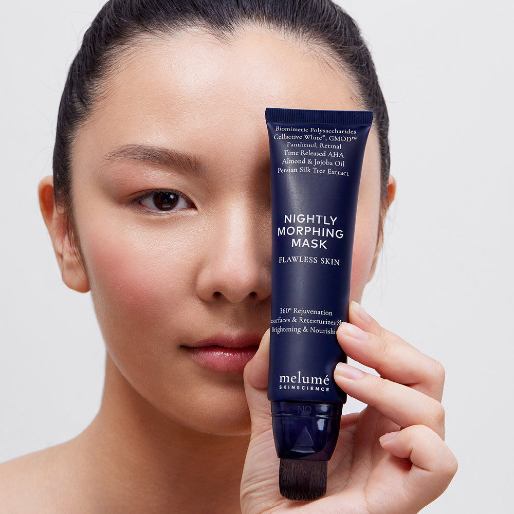 image mood of model holding Melume Skinscience's nightly morphing mask over her face