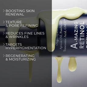 image mood of texture flowing sideways from Melume Skinscience's amazing retinol retinal emulsion and benefits bullet points such as boosting skin renewal, texture and pore refining, reduces fine lines and wrinkles, targets hyperpigmentation, regenerating and moisturizing