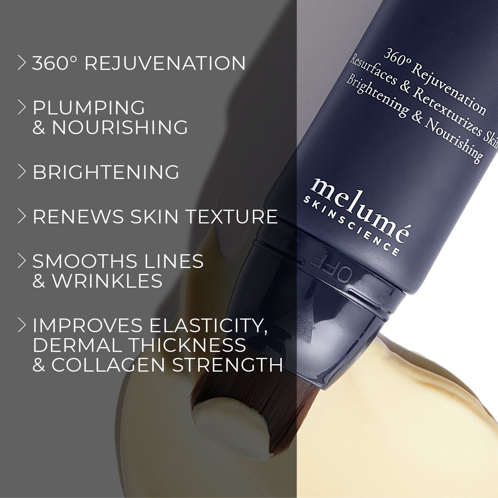 image mood of Melume Skinscience's nightly morphing mask over texture and benefits bullet points such as 360 rejuvenation, plumping and nourishing, brightening, renews skin texture, smooths lines and wrinkles, improves elasticity, dermal thickness and collagen strength