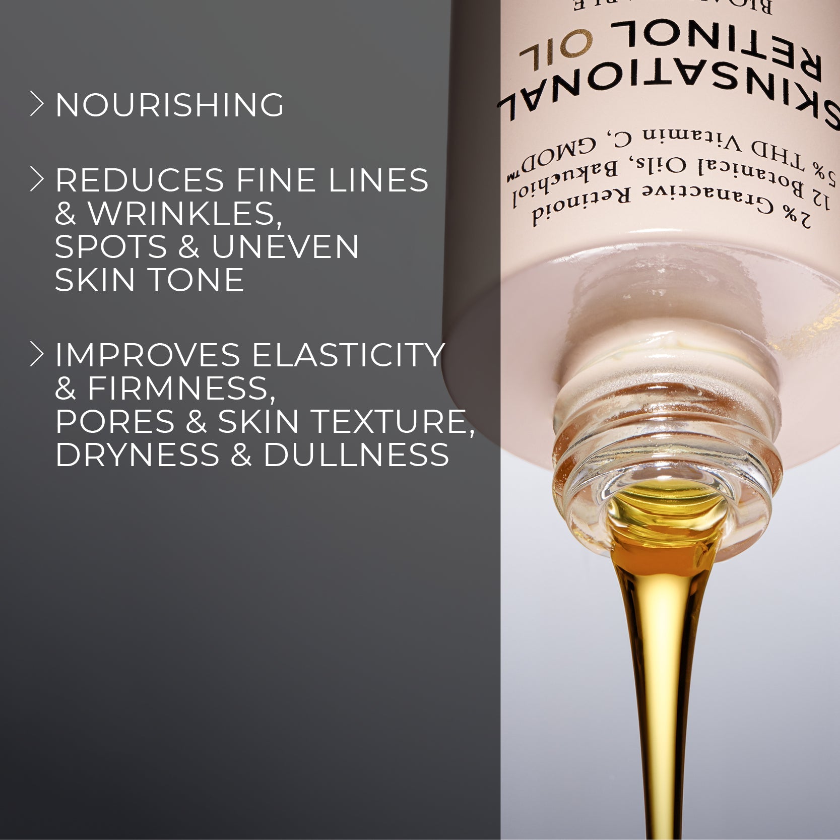 image mood of Melume Skinscience's skinsational retinol oil bottle upside down and retinol oil flowing out and benefits bullet points such as nourishing, reduces fine lines and wrinkles, spots, uneven skin tone, improves elasticity and firmness, pores and skin texture, dryness and dullness