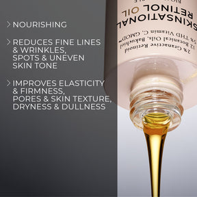 image mood of Melume Skinscience's skinsational retinol oil bottle upside down and retinol oil flowing out and benefits bullet points such as nourishing, reduces fine lines and wrinkles, spots, uneven skin tone, improves elasticity and firmness, pores and skin texture, dryness and dullness
