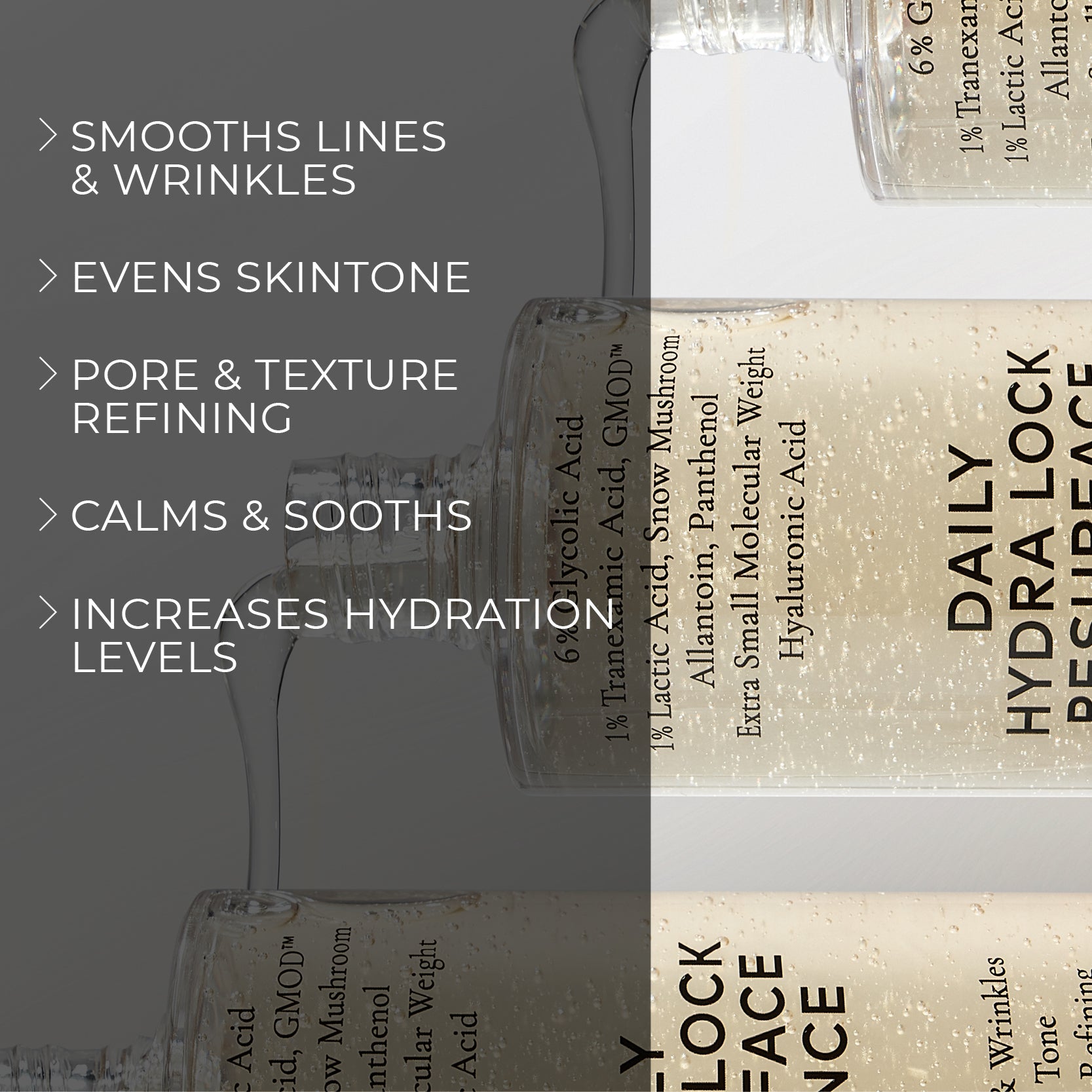 image mood of several Melume Skinscience's daily hydra lock resurface essence tower dripping over the next and benefits bullet points such as smooth lines and wrinkles, evens skintone, pore and texture refining, calms and sooths, increases hydration levels