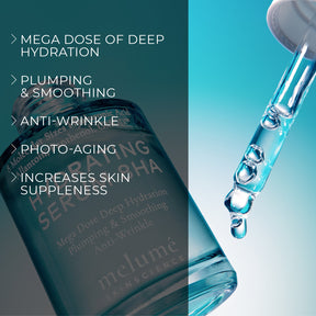 image mood of Melume Skinscience's hydrating serum 8HA floating next to dropper and benefits bullet points such as mega dose of deep hydration, plumping and smoothing, anti-wrinkle, photo-aging, increases skin suppleness