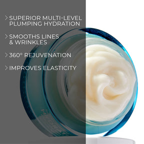 image mood of Melume Skinscience's hydrating cream 8HA moisturizer with hyaluronic acid opened and content can be seen with benefits bullet points such as superior multi-level plumping hydration, smooths lines and wrinkles, 360 rejuvenation, improves elasticity
