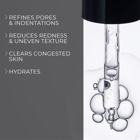 image mood of Melume Skinscience's water free niacinamide galactomyces serum dropper and texture in the background with benefits bullet points such as refines pores and indentations, reduces redness and uneven texture, clears congeted skin, hydrates