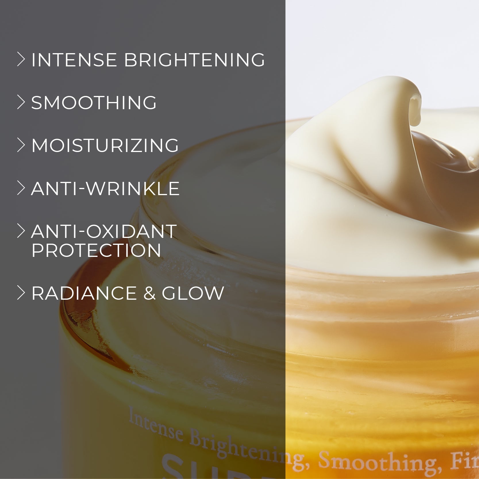 image mood of Melume Skinscience's super c-cream opened and benefits bullet points such as intense brightening, smoothing, moisturizing, anti-wrinkle, anti-oxidant protection, radiance and glow