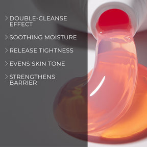 image mood close-up of Melume Skinscience's balmy oily milky cleanser flowing out and benefits bullet points such as double-cleanse effect, soothing moisture, release tightness, evens skin tone, strengthens barrier