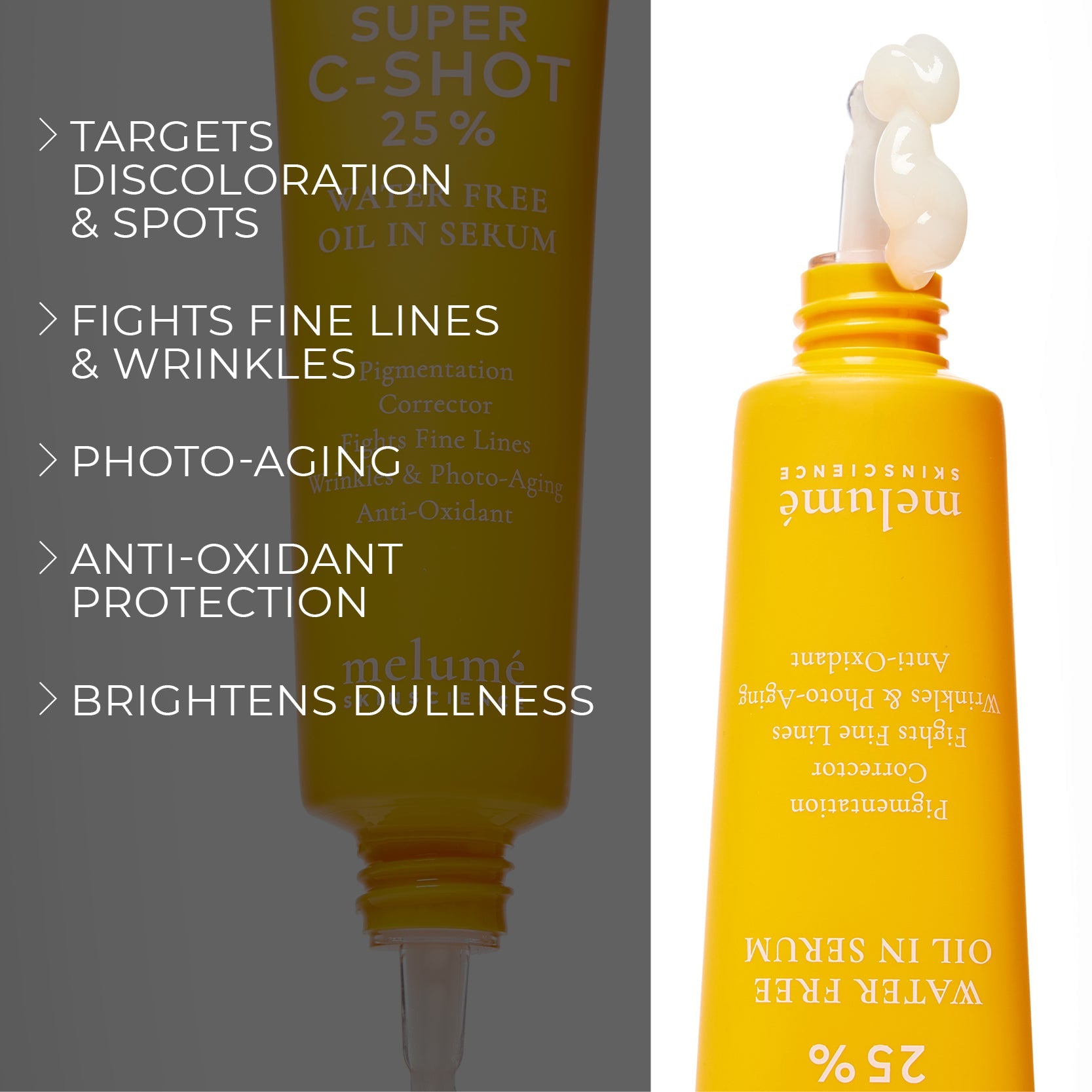 image mood of Melume Skinscience's two super c-shot vitamin c serum with texture squeezing out and benefit bullet points such as targets discoloration and spots, fights fine lines and wrinkles, photo-aging, anti-oxidant protection and brightens dullness