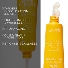 image mood of Melume Skinscience's two super c-shot vitamin c serum with texture squeezing out and benefit bullet points such as targets discoloration and spots, fights fine lines and wrinkles, photo-aging, anti-oxidant protection and brightens dullness