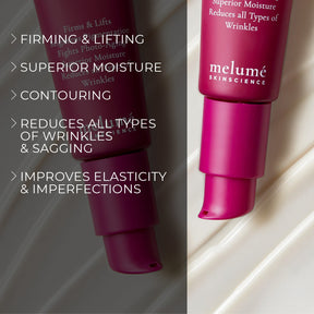 image mood of Melume Skinscience's power peptide micro emulsion lying over texture and showing benefits in bullet points such as firming and lifting, superior moisture, contouring, reduces all types of wrinkles and sagging, improves elasticity and imperfections