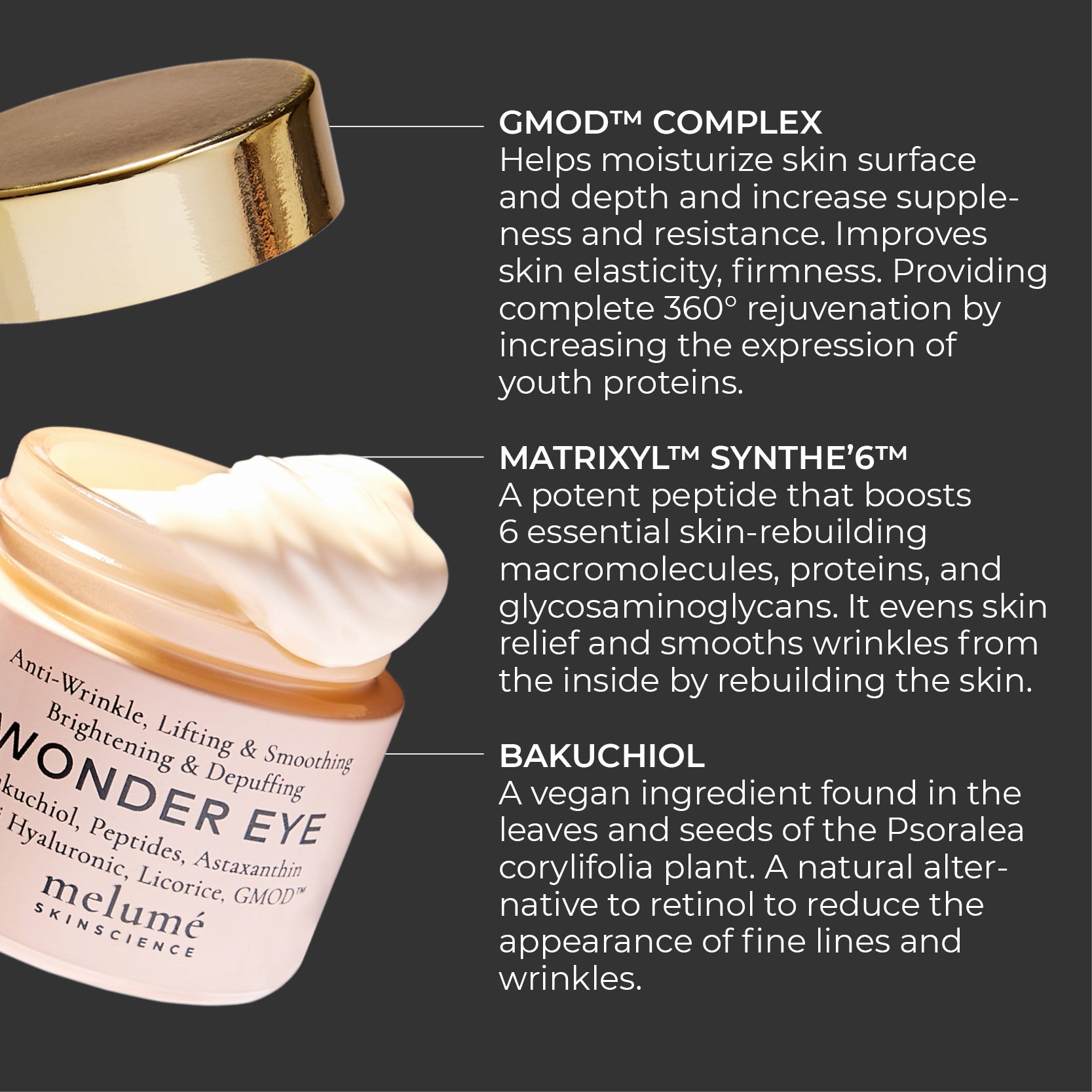 image mood of floating wonder eye in the air with openend jar. Three ingredients are explained in detail GMOD, matrixylsnythe and bakuchiol