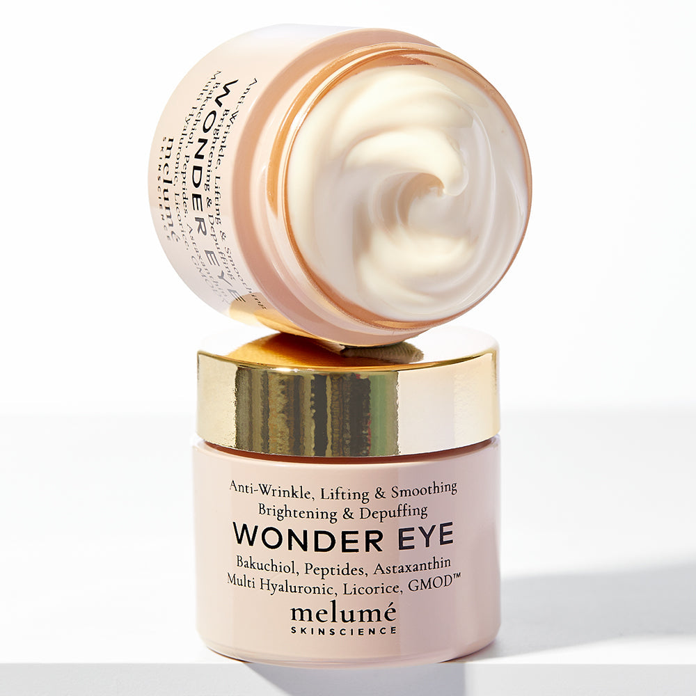 image mood of two wonder eye products. Below is closed and the ones on the wonder eye is opened. Silky smooth texture showing.